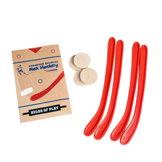 Large Nok Hockey replacement parts, including 4 sticks, 4 pucks, and the rules of play.
