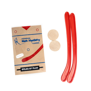 Medium Nok hockey replacement parts, including 2 sticks, 2 pucks, and the rules of play.