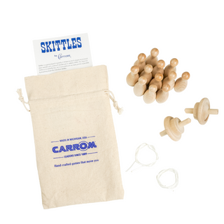 Skittles replacement parts, including 12 pins, 2 tops, 2 braided twine, and rules for play.